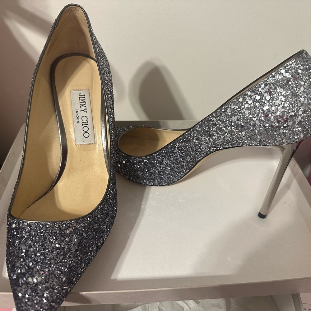 Jimmy Choo Silver Glitter Pointed-Toe Stilettos - Picture 10 of 10